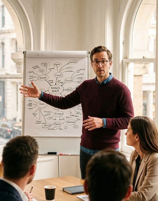 presentation, workshop, strategy, leadership, business, meeting, flipchart, planning, professional, office, brainstorming, teamwork, communication, diagram, explanation, startup, corporate, training, collaboration, career, ai generated
